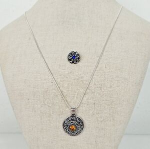 Silver Scroll Pendant Snap Button Necklace with Rhinestone Flower Snaps